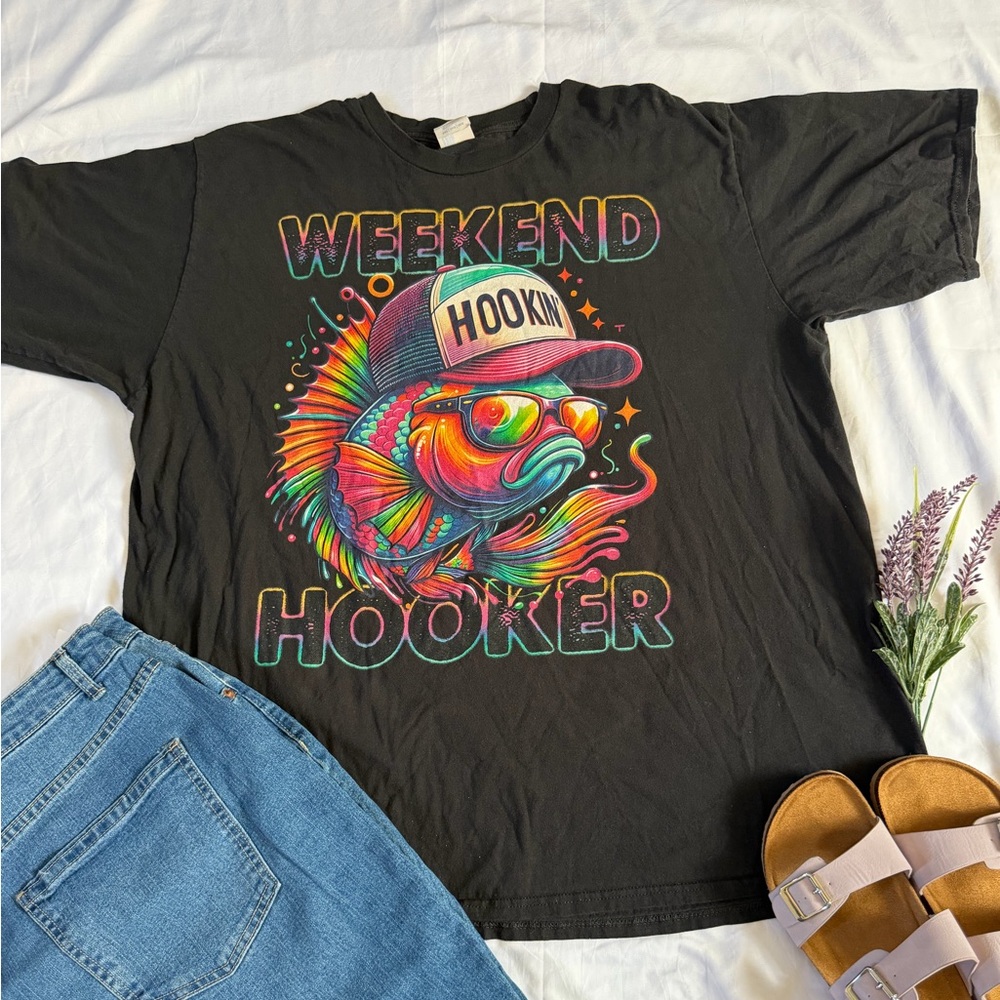 Black Graphic Tee with Colorful Fish Design
